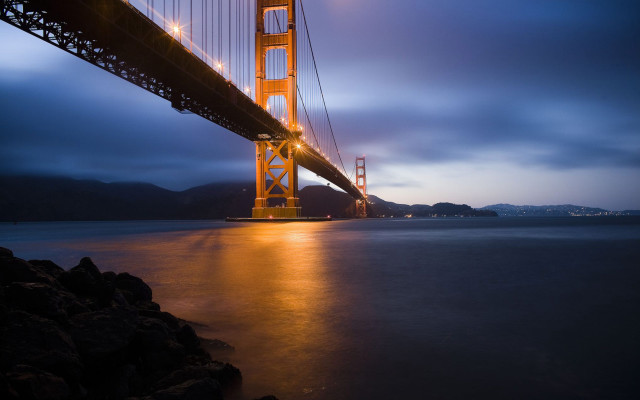 Bridge night water lights mountain free wallpaper for desktop - medium preview image