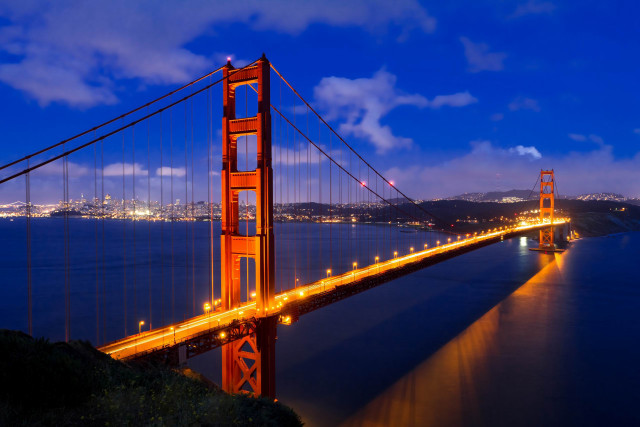 Long bridge night lights water free wallpaper for desktop - medium preview image