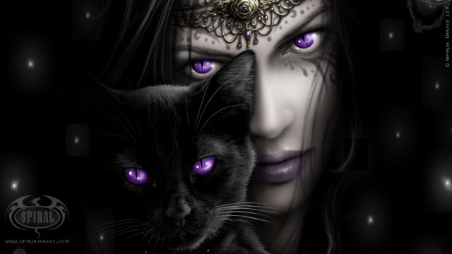 Woman purple eyes black cat free wallpaper for desktop - medium preview image