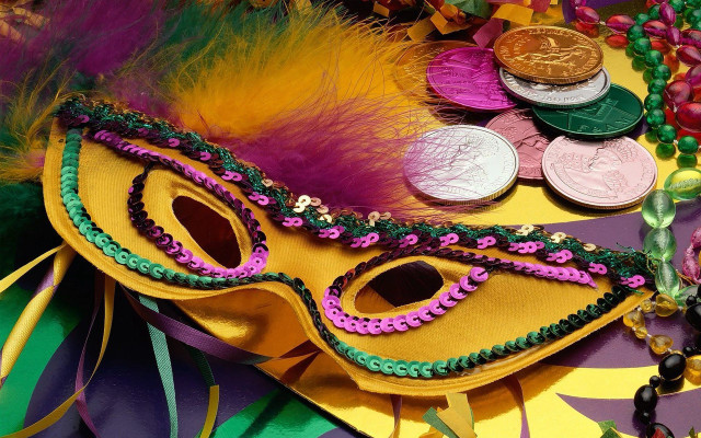 Mask coins table purple green free wallpaper for desktop - medium preview image