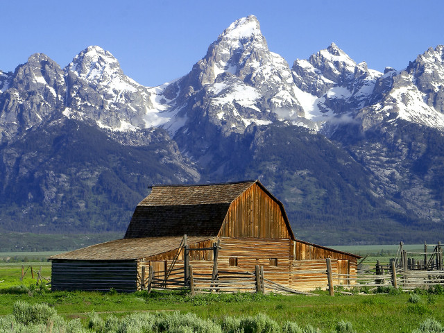 Barn field mountains snow background free wallpaper for desktop - medium preview image