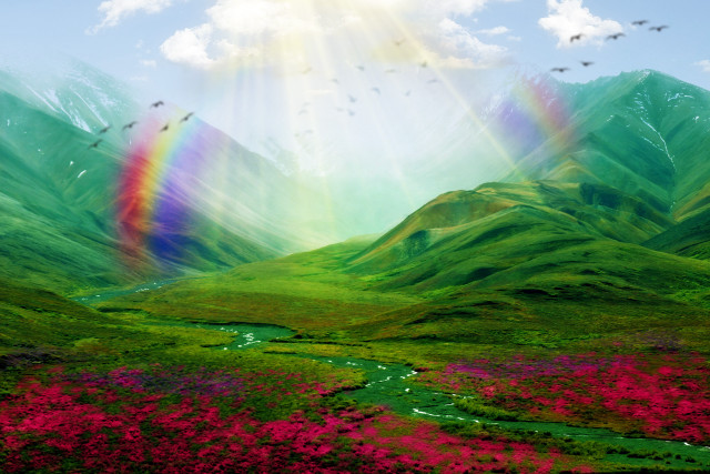 Rainbow colored mountain landscape stream free wallpaper for desktop - medium preview image