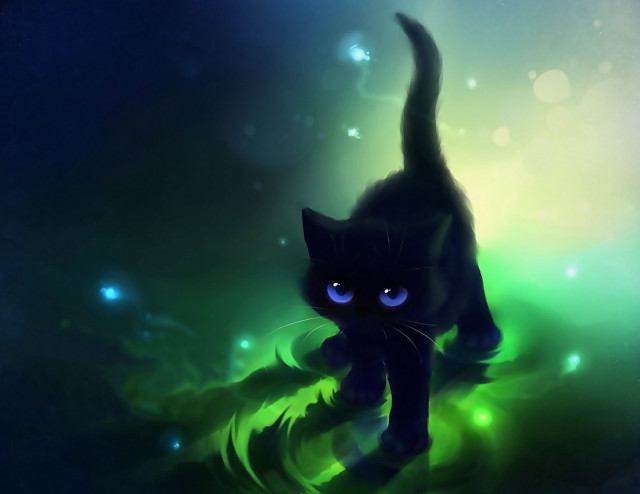 Black cat glowing eyes grass free wallpaper for desktop - medium preview image