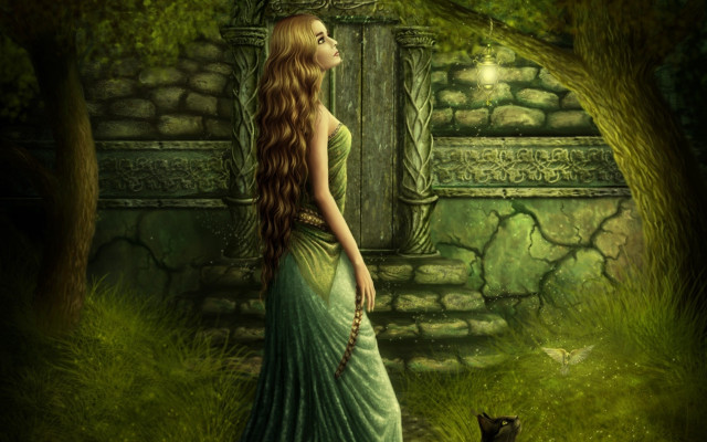 Woman green dress cat forest free wallpaper for desktop - medium preview image