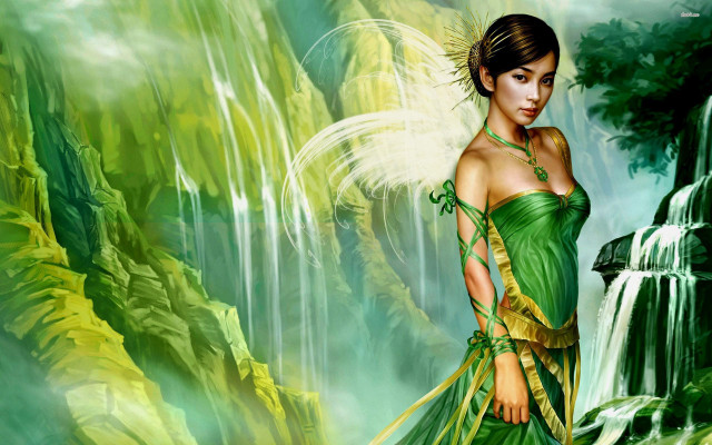 Woman green dress waterfall painting free wallpaper for desktop - medium preview image