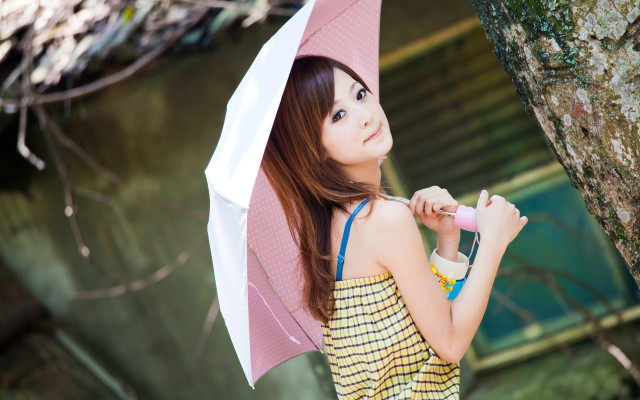 Woman holding umbrella next to free wallpaper for desktop - medium preview image