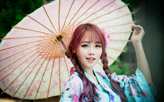 Woman kimono parasol smiling camera free wallpaper for desktop - medium preview image