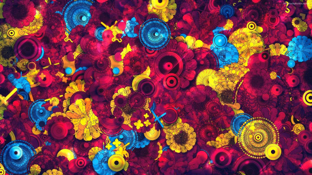 Colorful flower circles red background free wallpaper for desktop - medium preview image