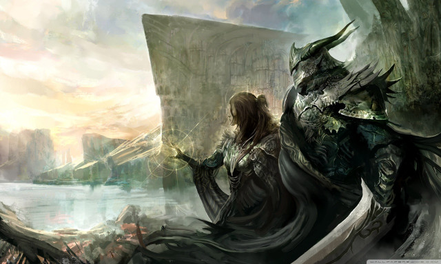 Woman long dress sword dragon free wallpaper for desktop - medium preview image