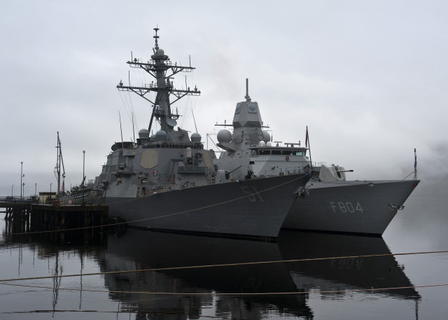 Battleship dock foggy day water free wallpaper for desktop - medium preview image