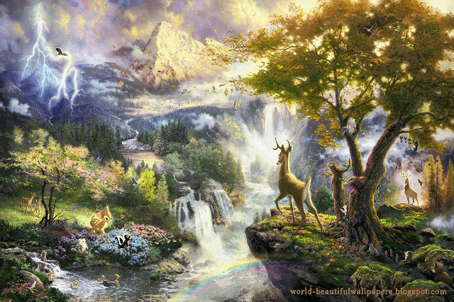 Waterfall deer birds rainbow sky free wallpaper for desktop - medium preview image