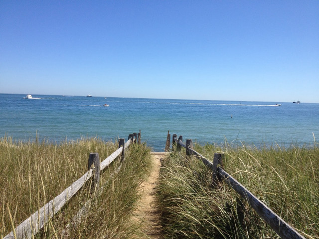 Beach path ocean boats fence free wallpaper for desktop - medium preview image