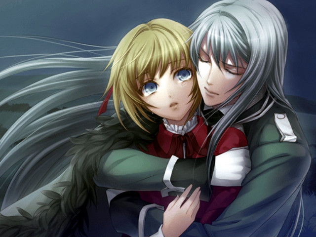 Anime hugging girls blonde blue free wallpaper for desktop - medium preview image