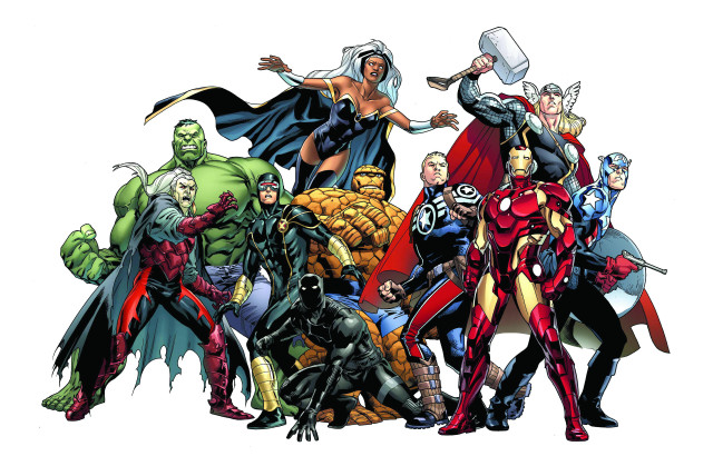 Superheroes standing together arms out free wallpaper for desktop - medium preview image