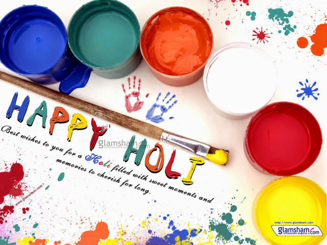 Happy holi paint brush message free wallpaper for desktop - medium preview image