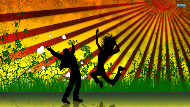 Jumping people field flowers grass free wallpaper for desktop - medium preview image