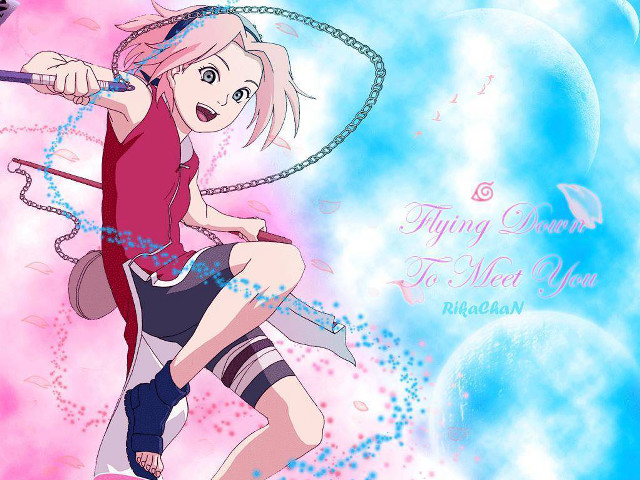 Girl sword pinkshirt bluebackground pinksky free wallpaper for desktop - medium preview image