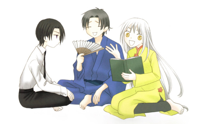 Three people reading fan kimono free wallpaper for desktop - medium preview image