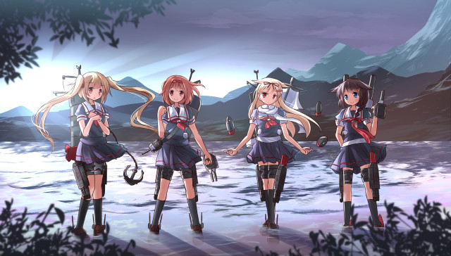 Anime girls water swords umbrellas free wallpaper for desktop - medium preview image