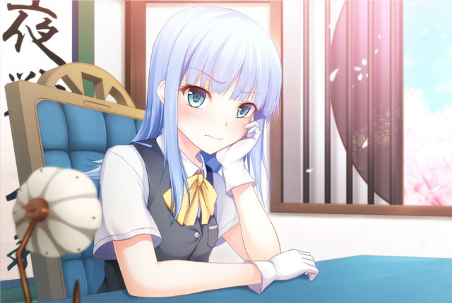 Blue hair girl chair chin free wallpaper for desktop - medium preview image