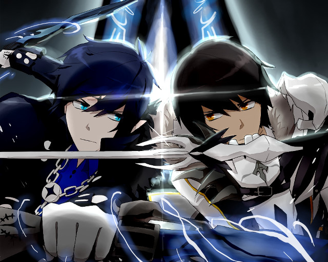 Anime characters swords black blue free wallpaper for desktop - medium preview image
