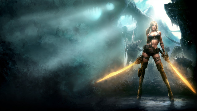 Woman bikini swords cave monster #2 free wallpaper for desktop - medium preview image