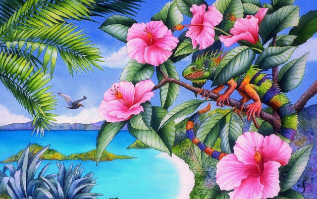 Tropical scene flowers birds water free wallpaper for desktop - medium preview image