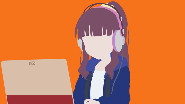 Woman headphones laptop red background free wallpaper for desktop - medium preview image