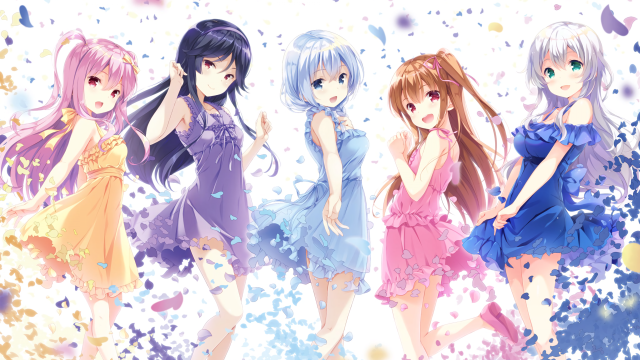 Anime girls dresses row hands free wallpaper for desktop - medium preview image
