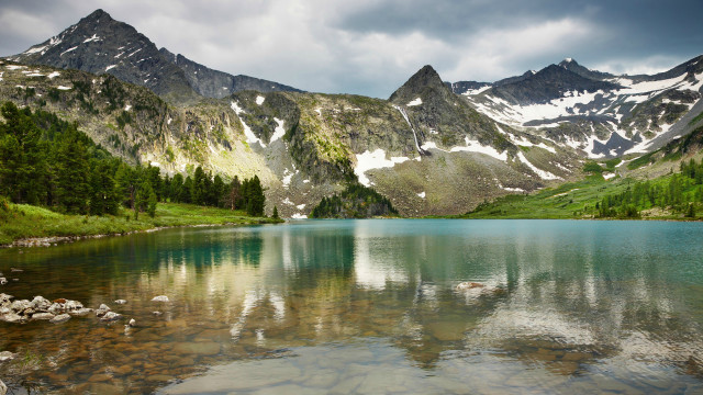 Mountain lake trees rocks cloudy #3 free wallpaper for desktop - medium preview image