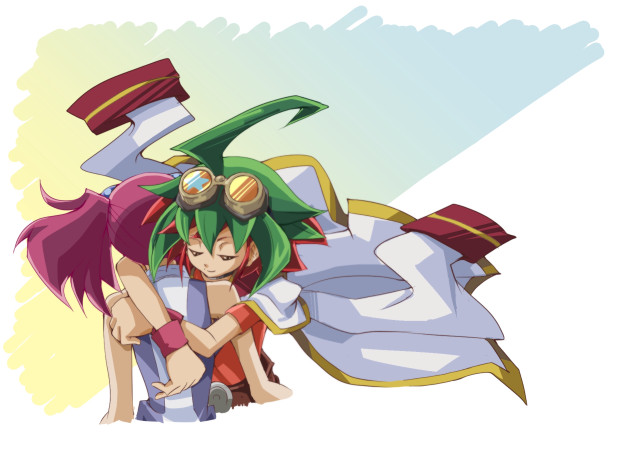 Anime couple hugging blue yellow free wallpaper for desktop - medium preview image