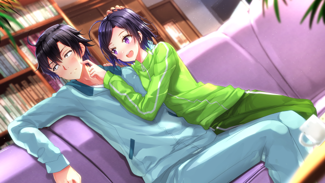 Couple sitting couch room bookshelf free wallpaper for desktop - medium preview image