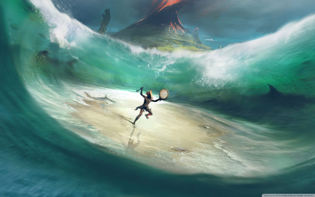 Surfboard wave mountain person beach free wallpaper for desktop - medium preview image