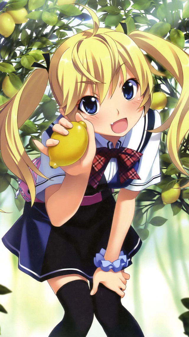 Girl school uniform holding apple free wallpaper for mobile - medium preview image
