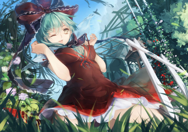 Woman red dress grass cat free wallpaper for desktop - medium preview image