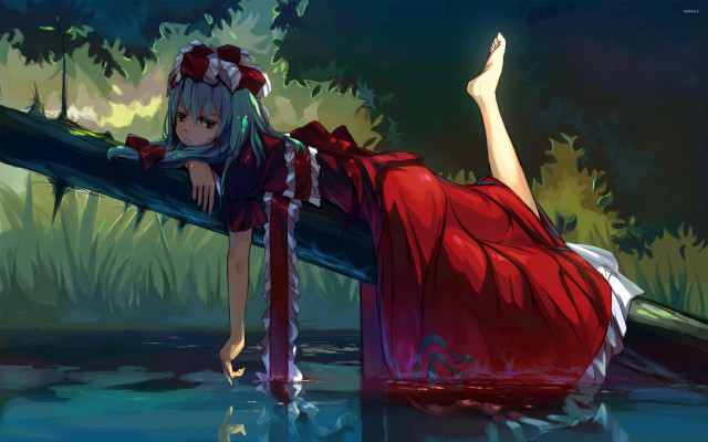 Woman red dress laying log free wallpaper for desktop - medium preview image