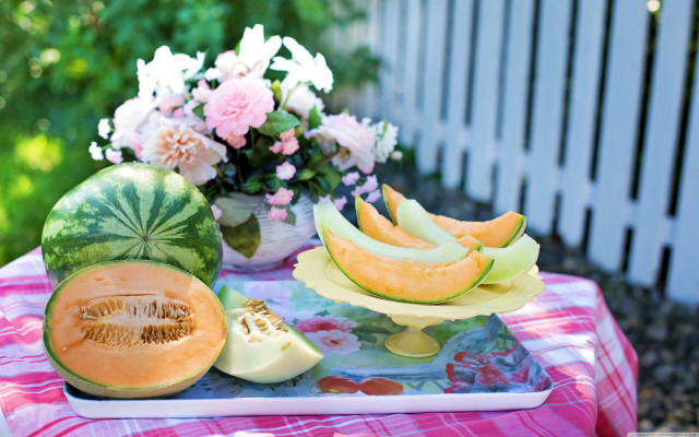 Table fruits melons flowers tablecloth free wallpaper for desktop - medium preview image