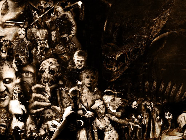 Group monsters sepia black background free wallpaper for desktop - medium preview image