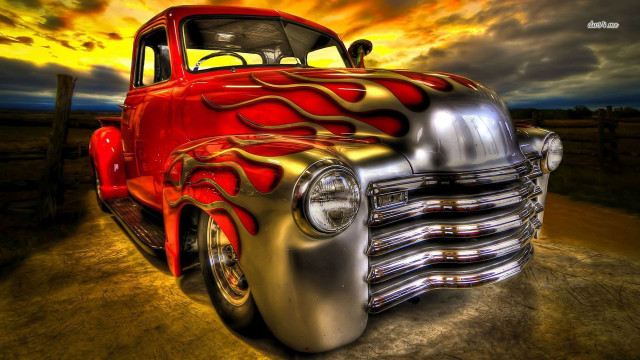 Red silver truck flames hood free wallpaper for desktop - medium preview image