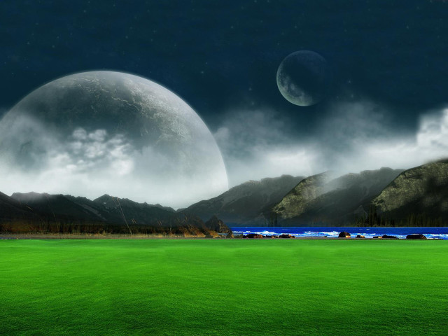 Green field mountains water moon #6 free wallpaper for desktop - medium preview image