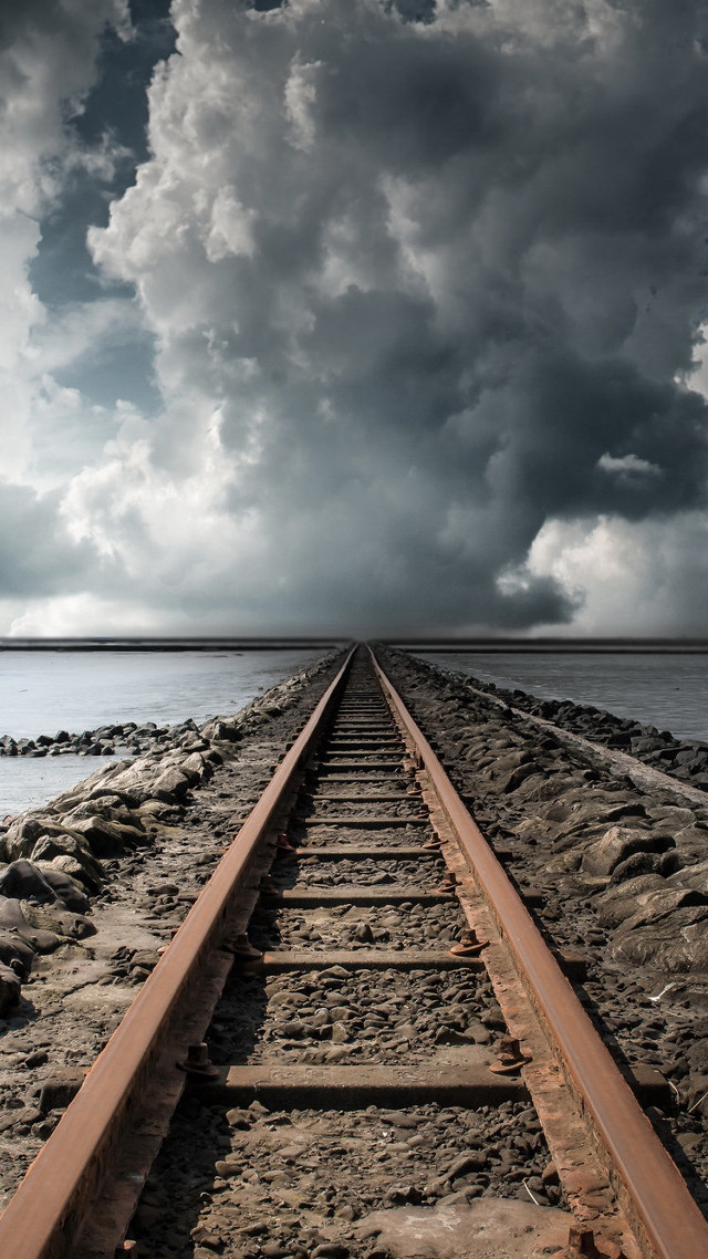 Train track cloudy sky water free wallpaper for mobile - medium preview image