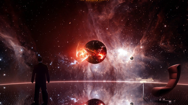 Man standing space stars planets free wallpaper for desktop - medium preview image
