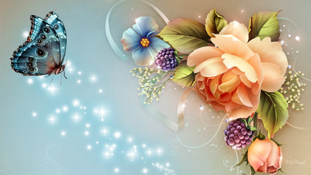 Butterfly flying flower bouquet blue free wallpaper for desktop - medium preview image
