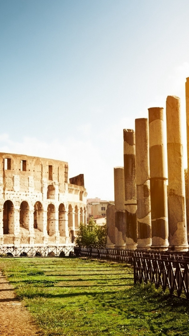 Benches building columns grass blue free wallpaper for mobile - medium preview image