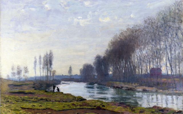 Man river bank forest house free wallpaper for desktop - medium preview image