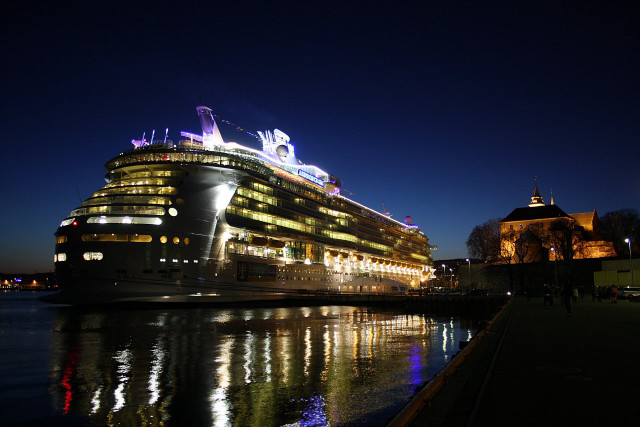 Cruise ship docked night city free wallpaper for desktop - medium preview image