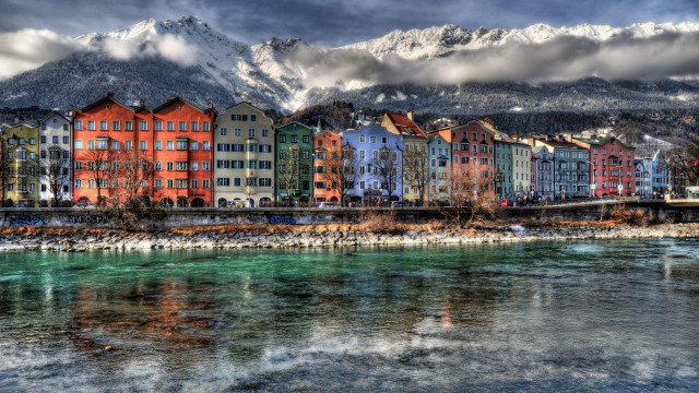 River city mountains bridge buildings free wallpaper for desktop - medium preview image