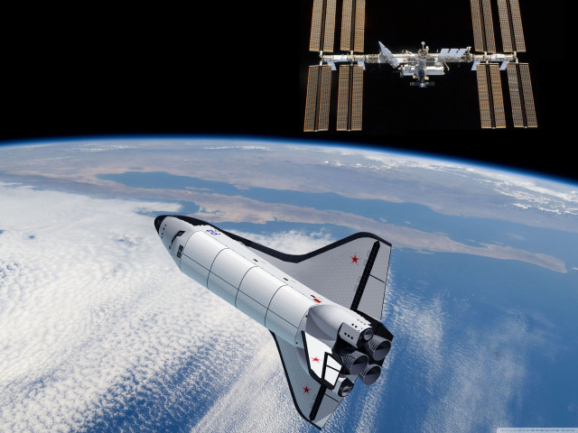 Space shuttle flying earth satellite free wallpaper for desktop - medium preview image