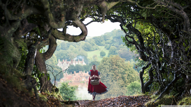 Woman red dress forest castle free wallpaper for desktop - medium preview image