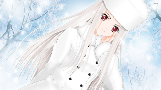 White haired woman snowy forest free wallpaper for desktop - medium preview image